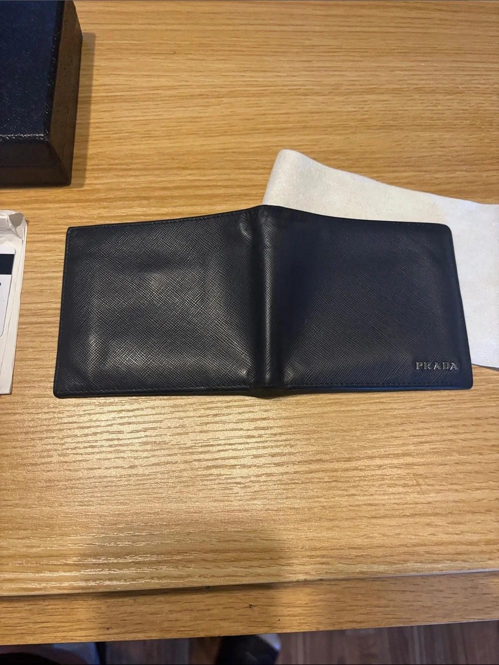 Prada Blue and black  Saffiano Leather wallet with box COA card